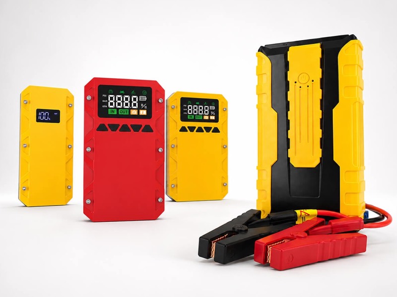 Car jump starter product models with jumper clamps on a white background