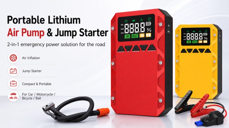 Portable lithium air pump and car jump starter models with clamps